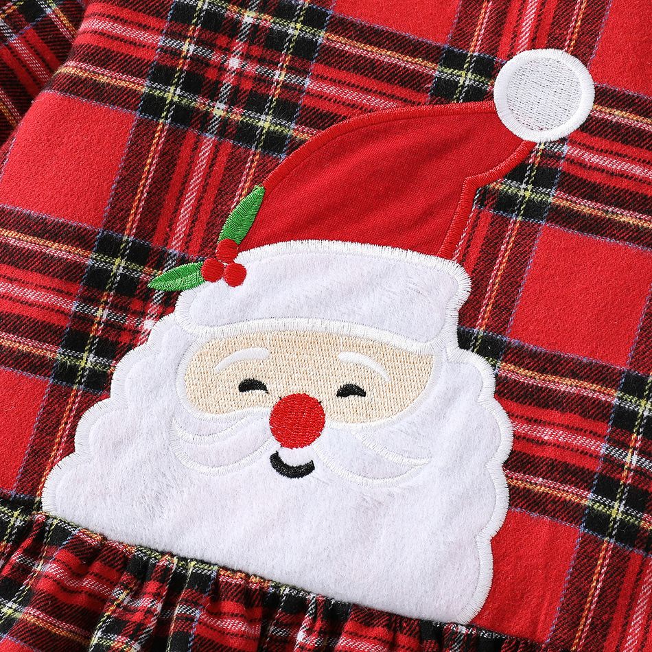 Christmas 2pcs Baby Girl 95% Cotton Rib Knit Bow Decor Leggings and Santa Embroidered Red Plaid Long-sleeve Ruffle Hem Top Set Red big image 5