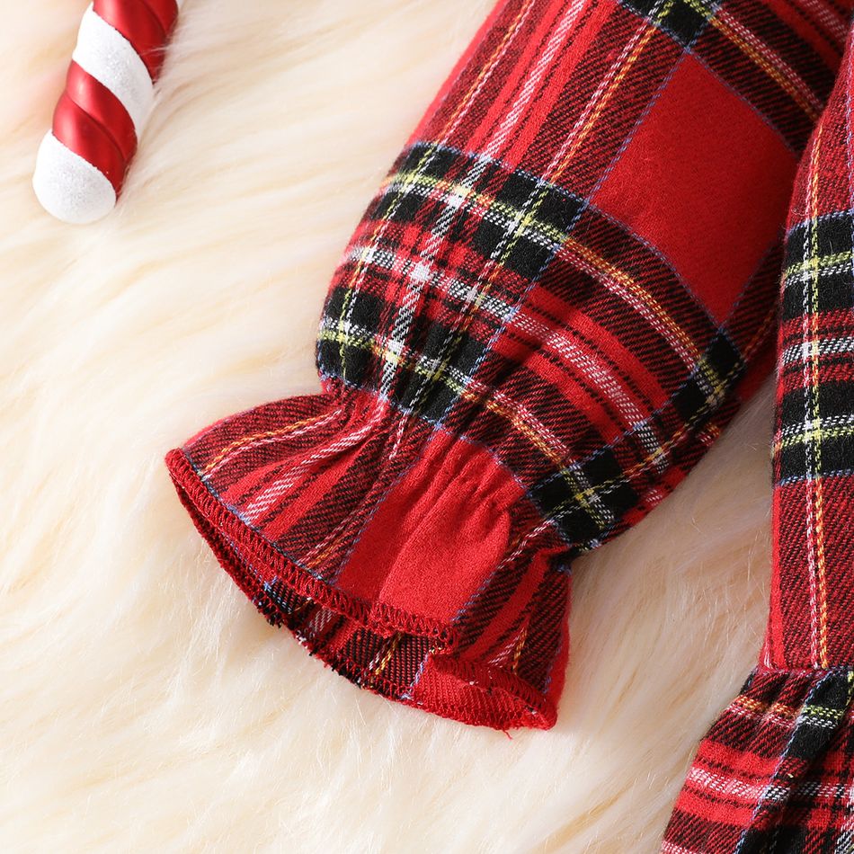 Christmas 2pcs Baby Girl 95% Cotton Rib Knit Bow Decor Leggings and Santa Embroidered Red Plaid Long-sleeve Ruffle Hem Top Set Red big image 7