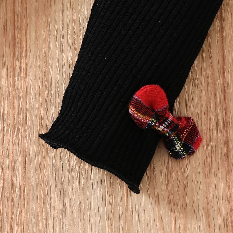 Christmas 2pcs Baby Girl 95% Cotton Rib Knit Bow Decor Leggings and Santa Embroidered Red Plaid Long-sleeve Ruffle Hem Top Set Red big image 9