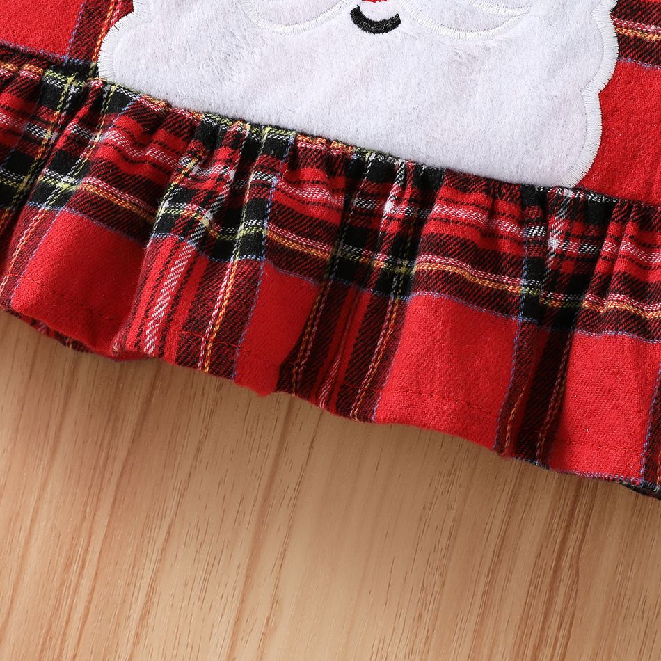 Christmas 2pcs Baby Girl 95% Cotton Rib Knit Bow Decor Leggings and Santa Embroidered Red Plaid Long-sleeve Ruffle Hem Top Set Red big image 6