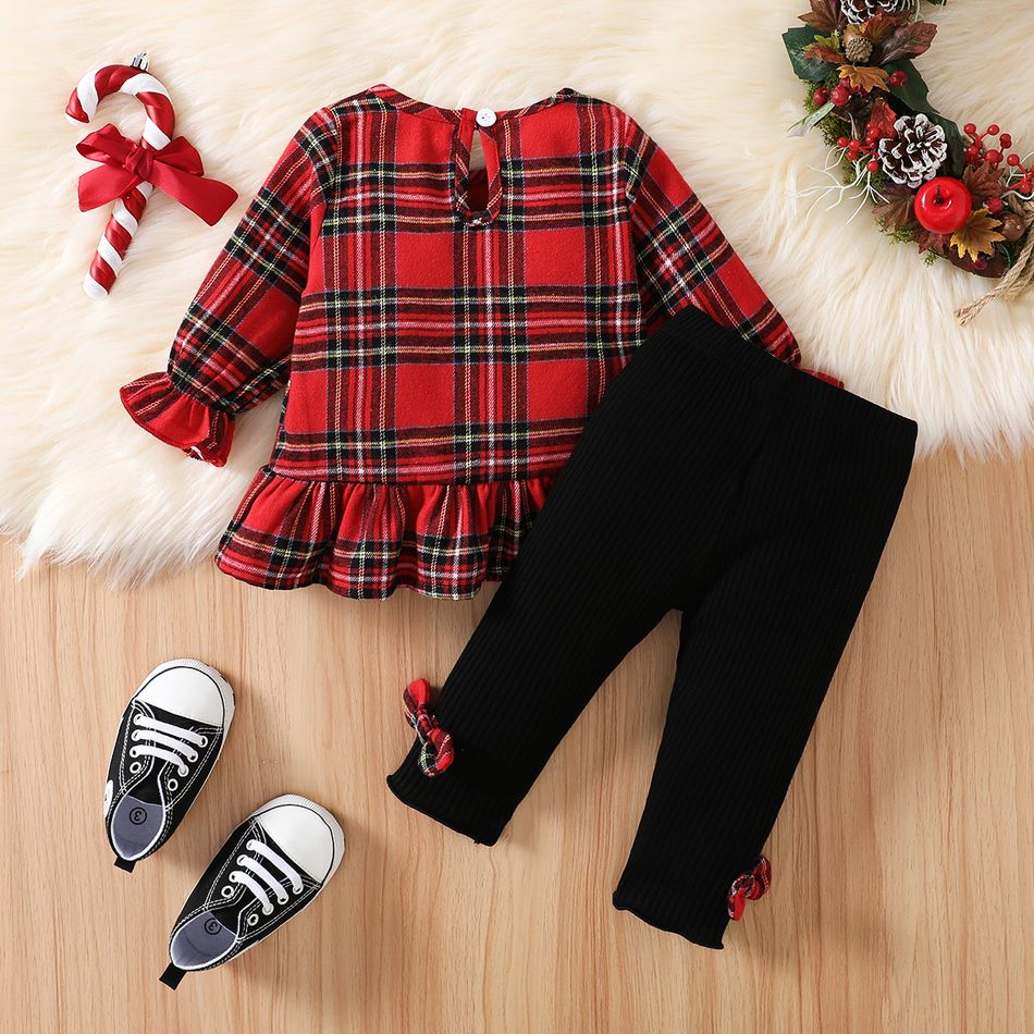 Christmas 2pcs Baby Girl 95% Cotton Rib Knit Bow Decor Leggings and Santa Embroidered Red Plaid Long-sleeve Ruffle Hem Top Set Red big image 2