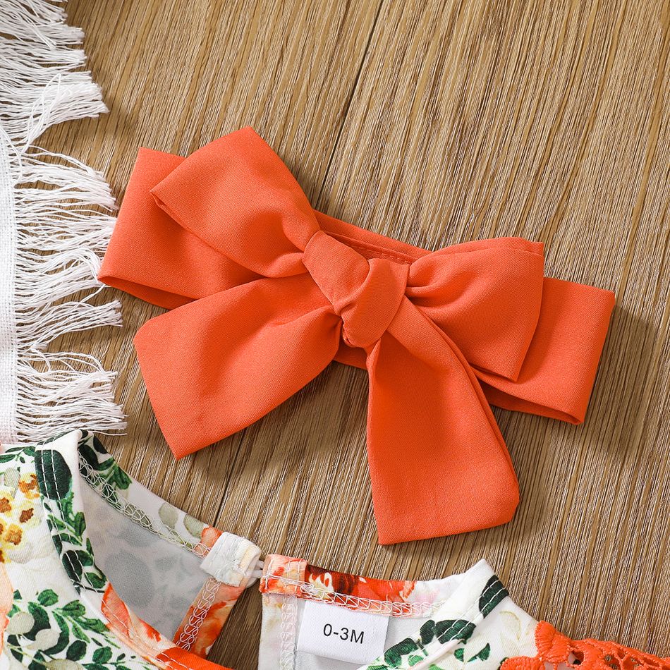 2pcs Baby Girl Allover Floral Print Lace & Bow Decor Long-sleeve Jumpsuit with Headband Set Orange big image 10