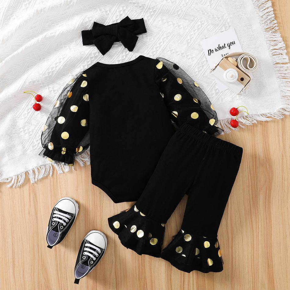 New Year 3pcs Baby Girl 95% Cotton Long-sleeve Letter Graphic Polka Dot Print Black Mesh Romper and Flared Pants with Headband Set Black big image 2