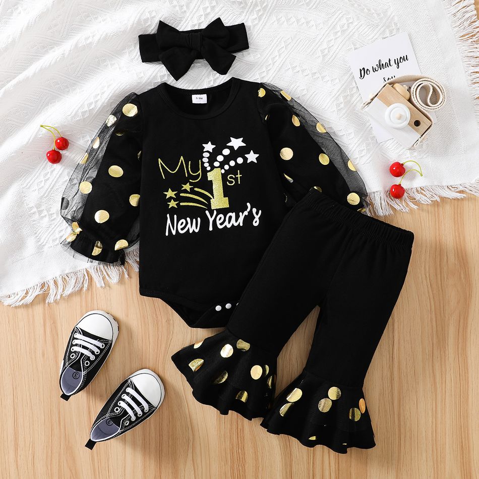 New Year 3pcs Baby Girl 95% Cotton Long-sleeve Letter Graphic Polka Dot Print Black Mesh Romper and Flared Pants with Headband Set Black