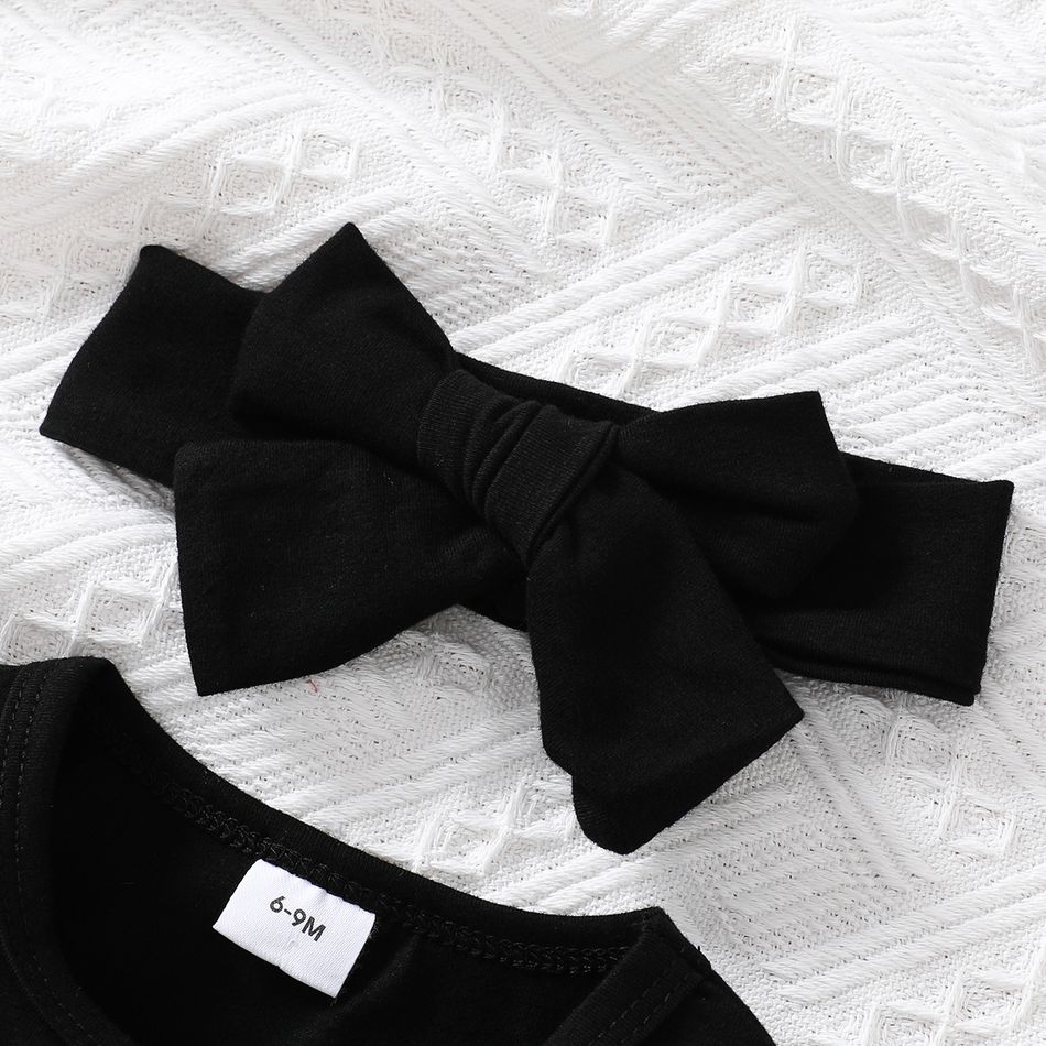 New Year 3pcs Baby Girl 95% Cotton Long-sleeve Letter Graphic Polka Dot Print Black Mesh Romper and Flared Pants with Headband Set Black big image 4