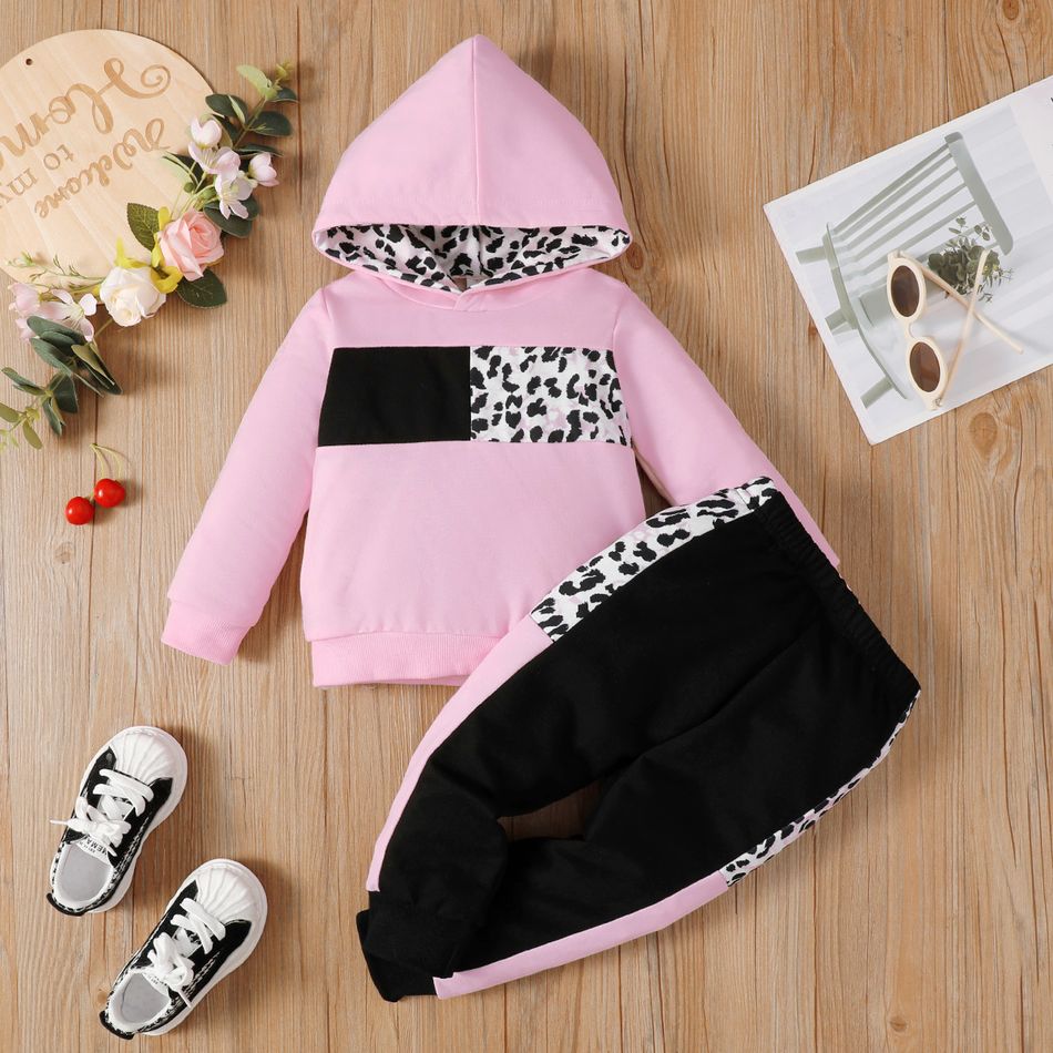 2pcs Toddler Girl Trendy Leopard Print Colorblock Hoodie Sweatshirt and Pants Set Pink big image 2