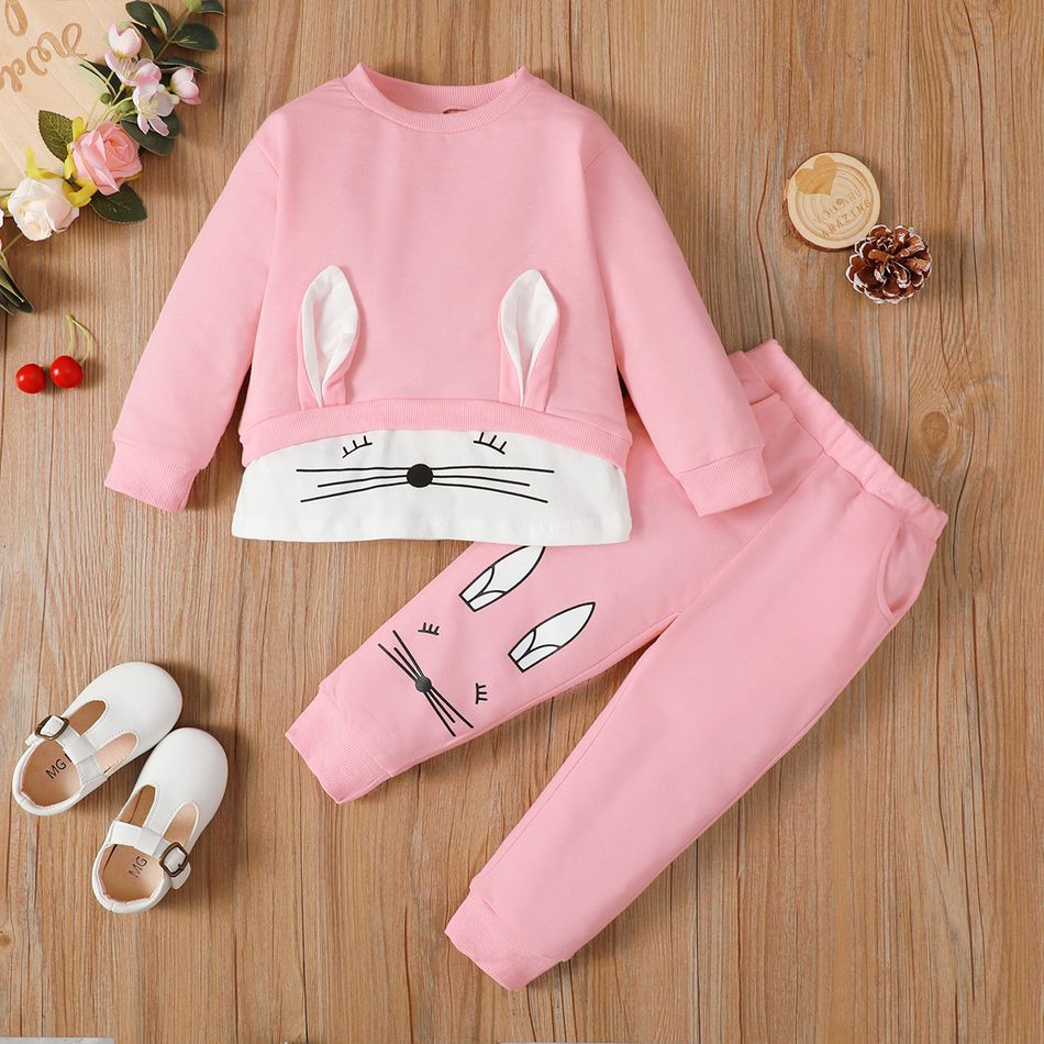 2pcs Toddler Girl Playful Rabbit Pattern Ear Design Pink Sweatshirt and Pants Set Pink
