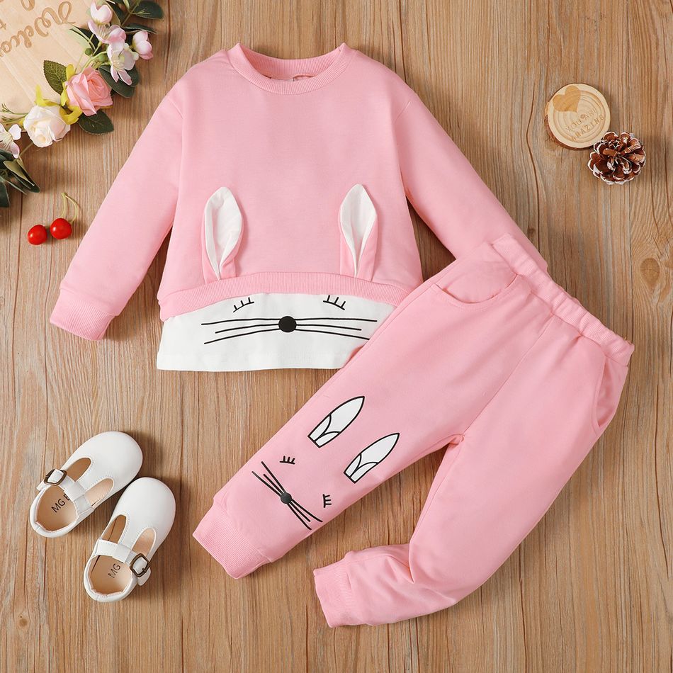 2pcs Toddler Girl Playful Rabbit Pattern Ear Design Pink Sweatshirt and Pants Set Pink big image 8