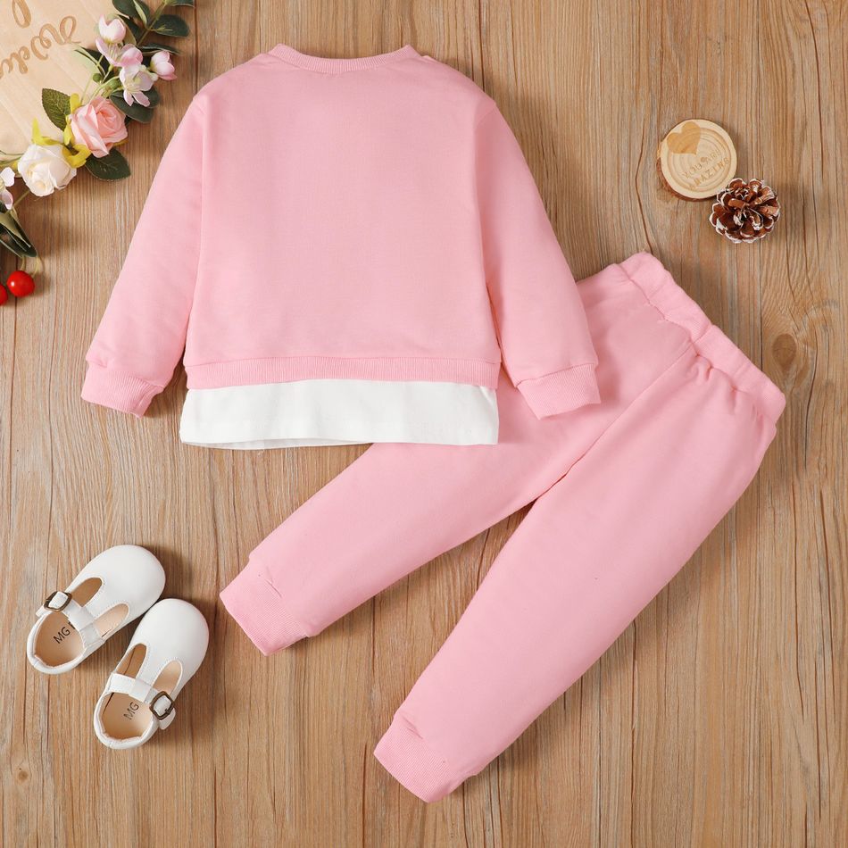 2pcs Toddler Girl Playful Rabbit Pattern Ear Design Pink Sweatshirt and Pants Set Pink big image 2