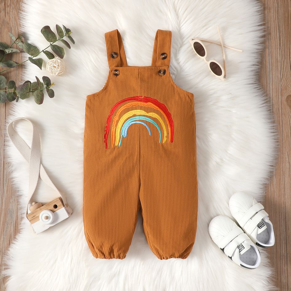 Baby Boy Rainbow Embroidered Corduroy Overalls YellowBrown big image 2