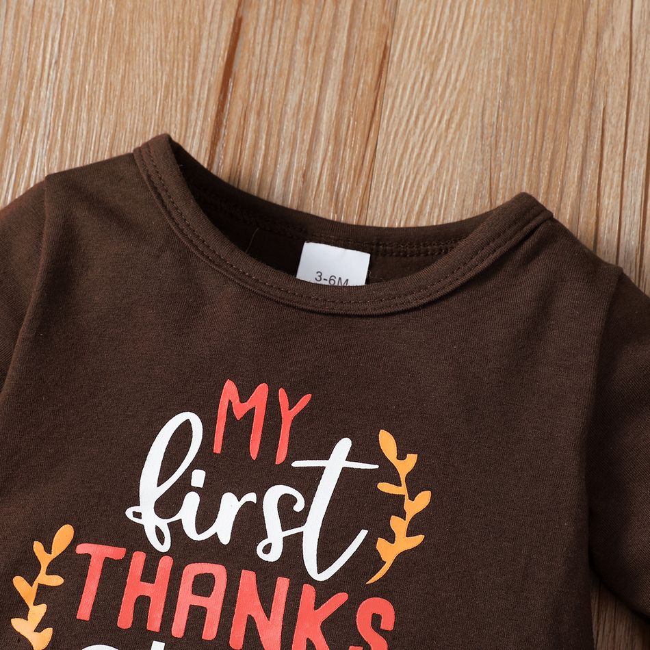 Thanksgiving Day 3pcs Baby Girl 95% Cotton Letter Print Bell-sleeve Top and Allover Pumpkin Print Flared Pants with Headband Set Brown big image 4