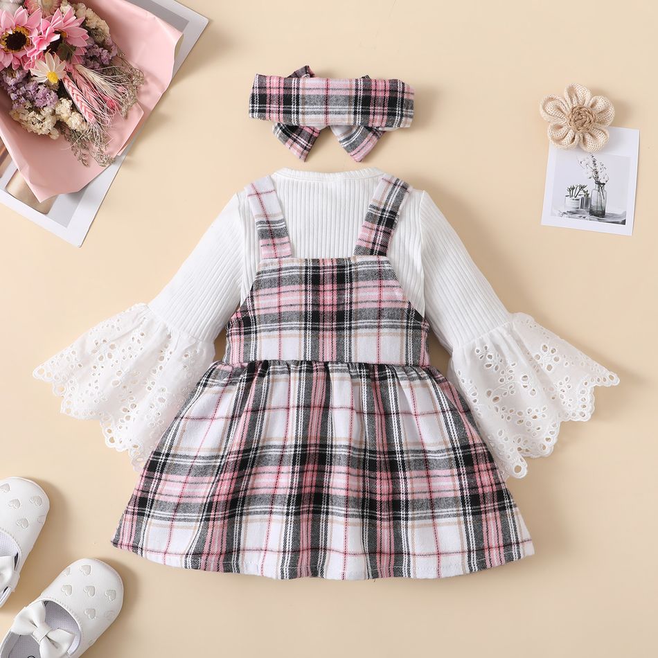 3pcs Baby Girl 95% Cotton Ribbed Flare-sleeve Romper and Bow Front Plaid Overall Dress with Headband Set Pink big image 3