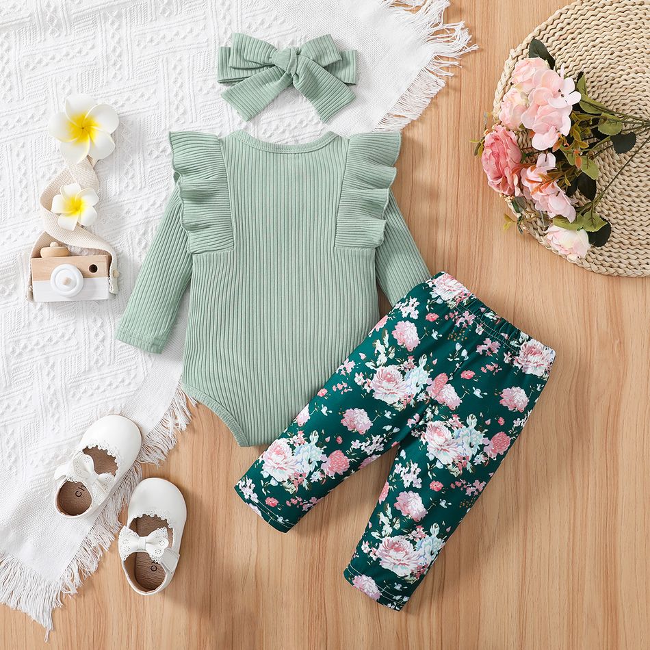 3pcs Baby Girl 95% Cotton Ribbed Ruffle Trim Long-sleeve Romper and Floral Print Pants with Headband Set Green big image 2