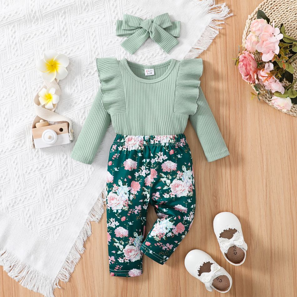 3pcs Baby Girl 95% Cotton Ribbed Ruffle Trim Long-sleeve Romper and Floral Print Pants with Headband Set Green big image 3