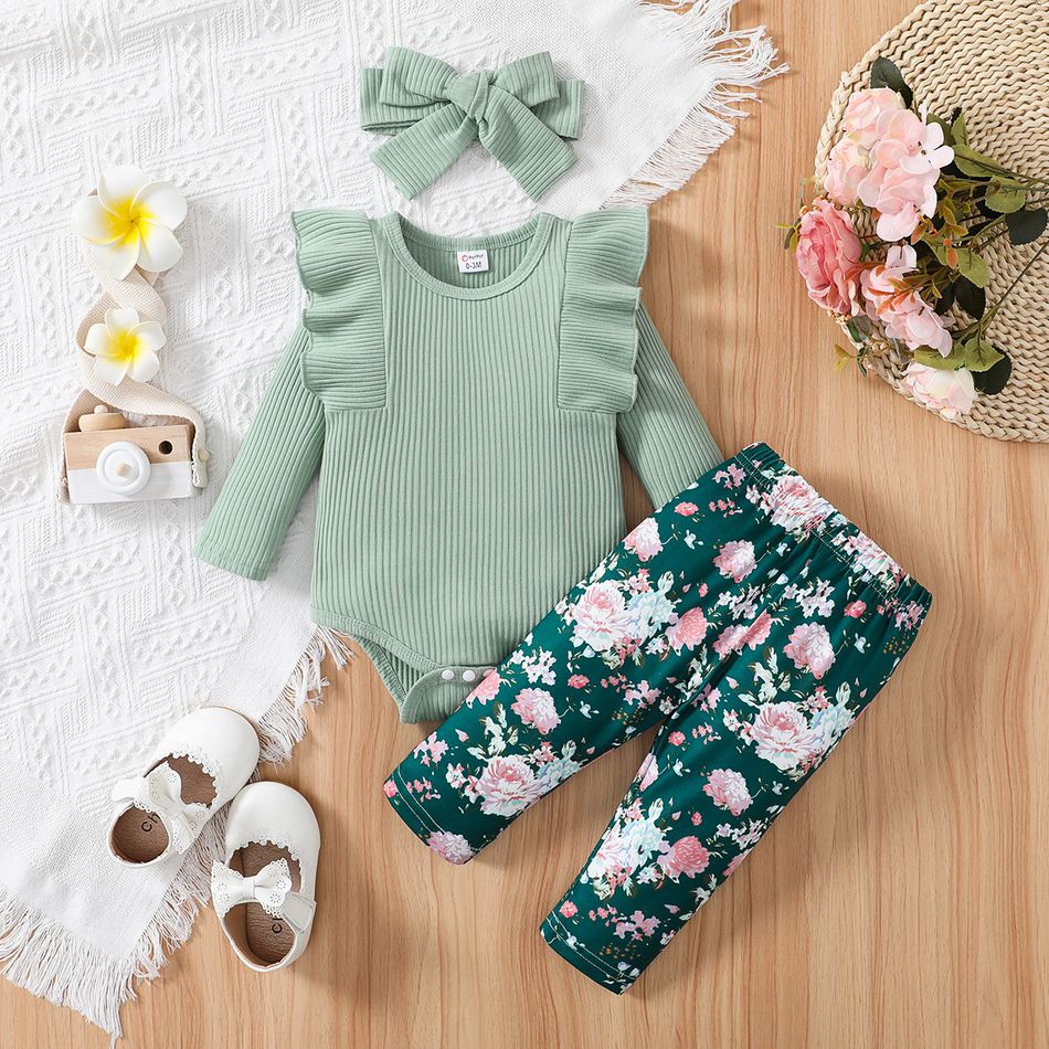 3pcs Baby Girl 95% Cotton Ribbed Ruffle Trim Long-sleeve Romper and Floral Print Pants with Headband Set Green big image 1