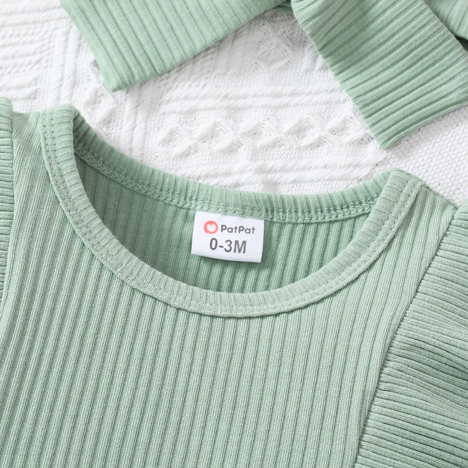 3pcs Baby Girl 95% Cotton Ribbed Ruffle Trim Long-sleeve Romper and Floral Print Pants with Headband Set Green big image 5