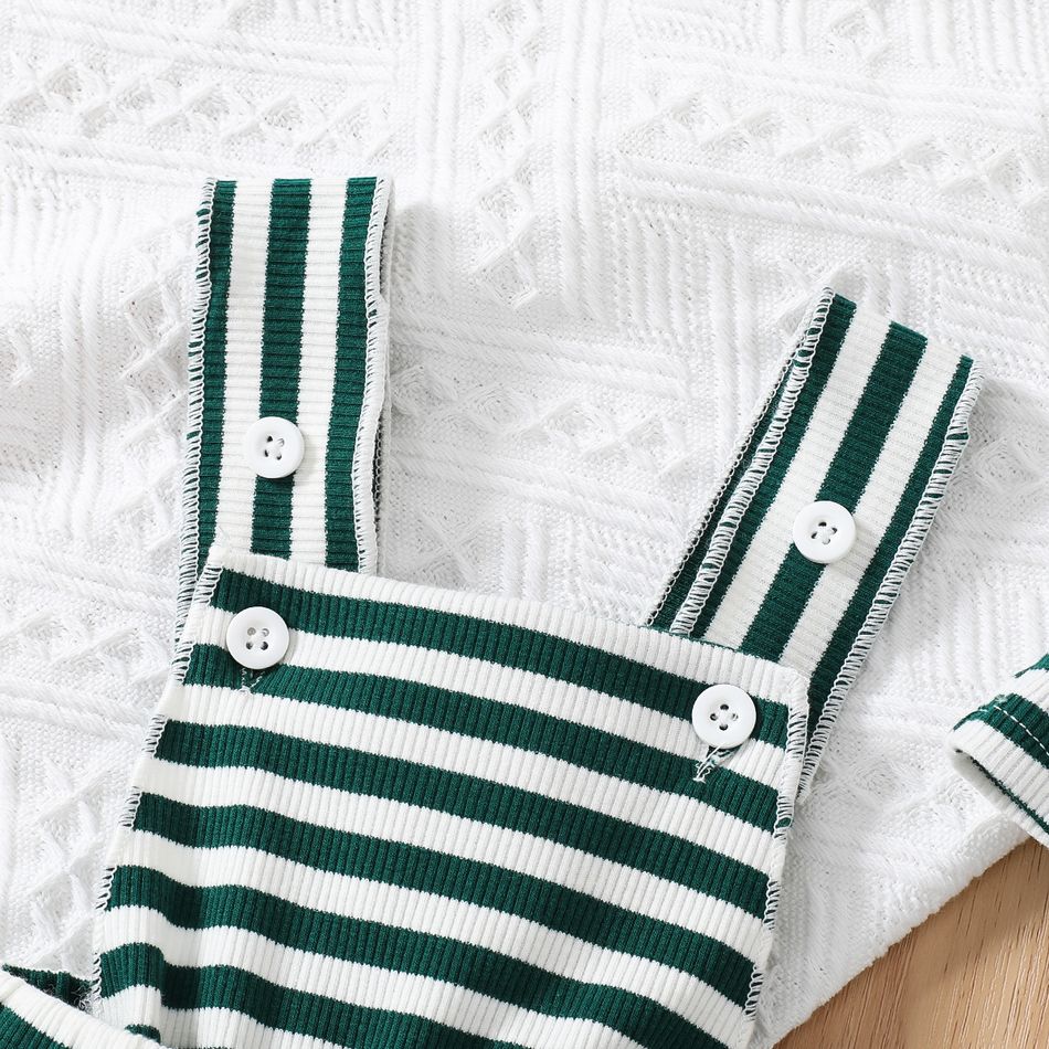 2pcs Baby Boy/Girl 95% Cotton Rib Knit Green Striped Overalls with Hat Set Green big image 5