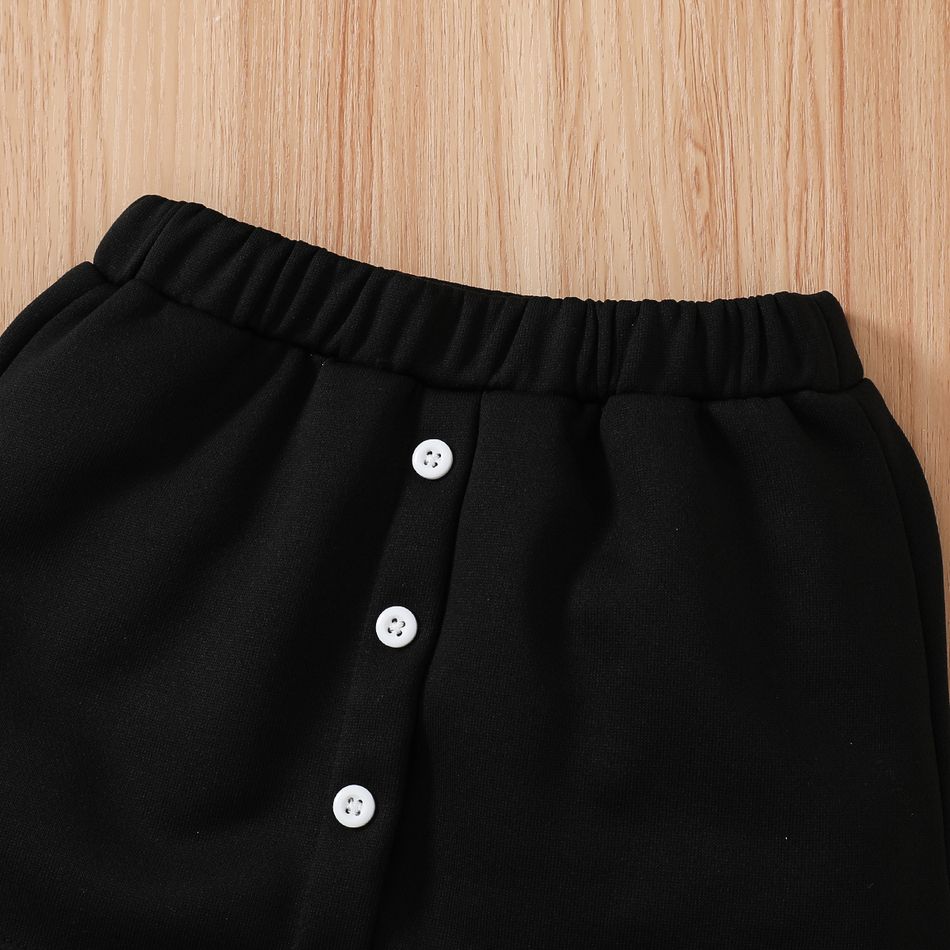 2pcs Toddler Girl Trendy Letter Embroidered Button Design Bomber Jacket and Skirt Set Black big image 8