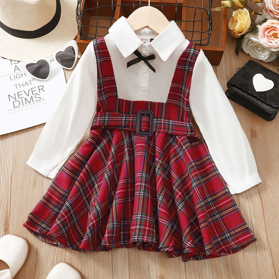 Toddler Girl Christmas Faux-two Plaid Splice Long-sleeve Dress Red