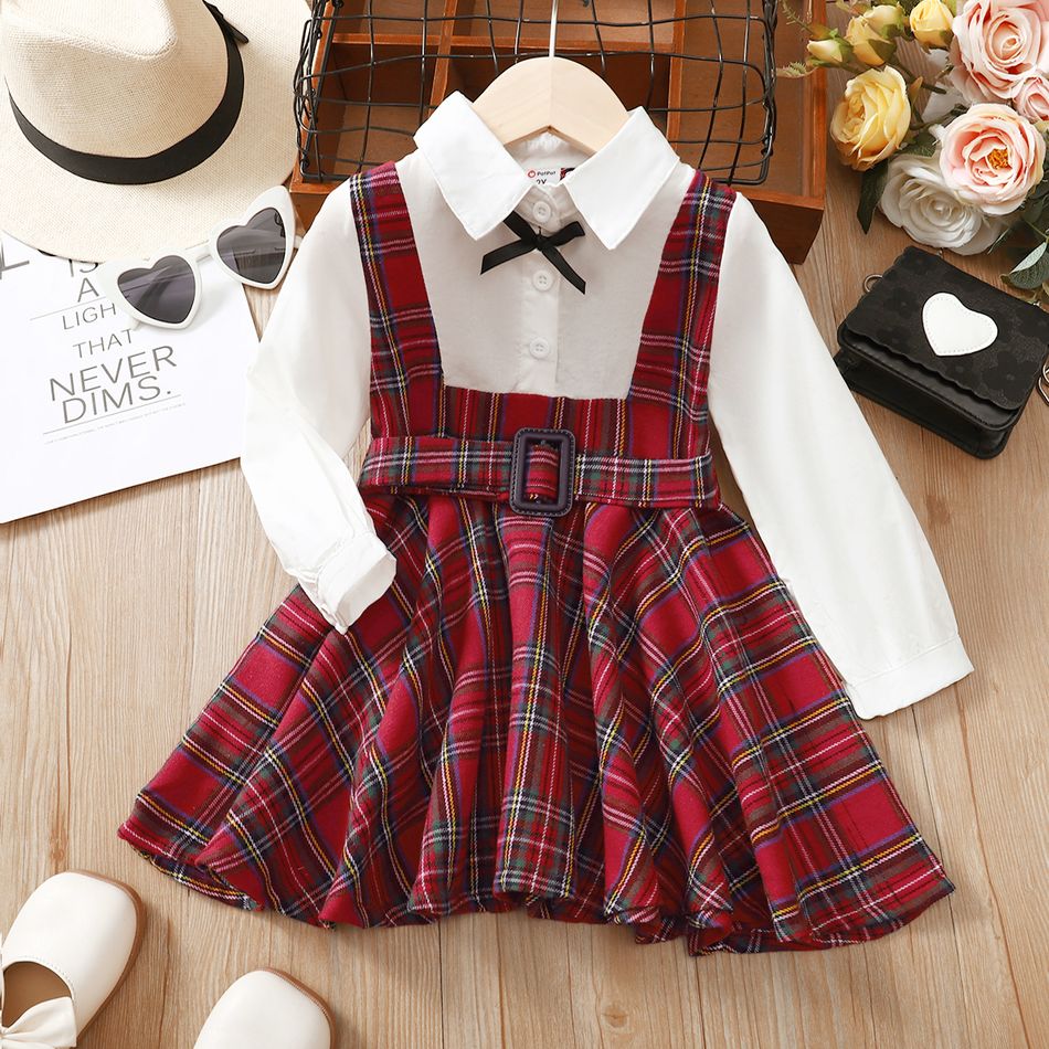 Toddler Girl Christmas Faux-two Plaid Splice Long-sleeve Dress Red big image 5