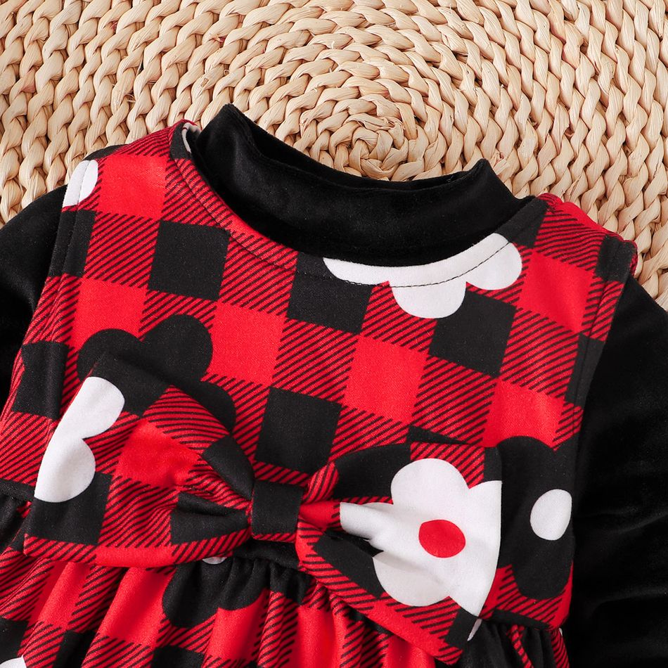 2pcs Baby Girl Solid Velvet Mock Neck Long-sleeve Top and Allover Floral Print Plaid Tank Dress Set redblack big image 3