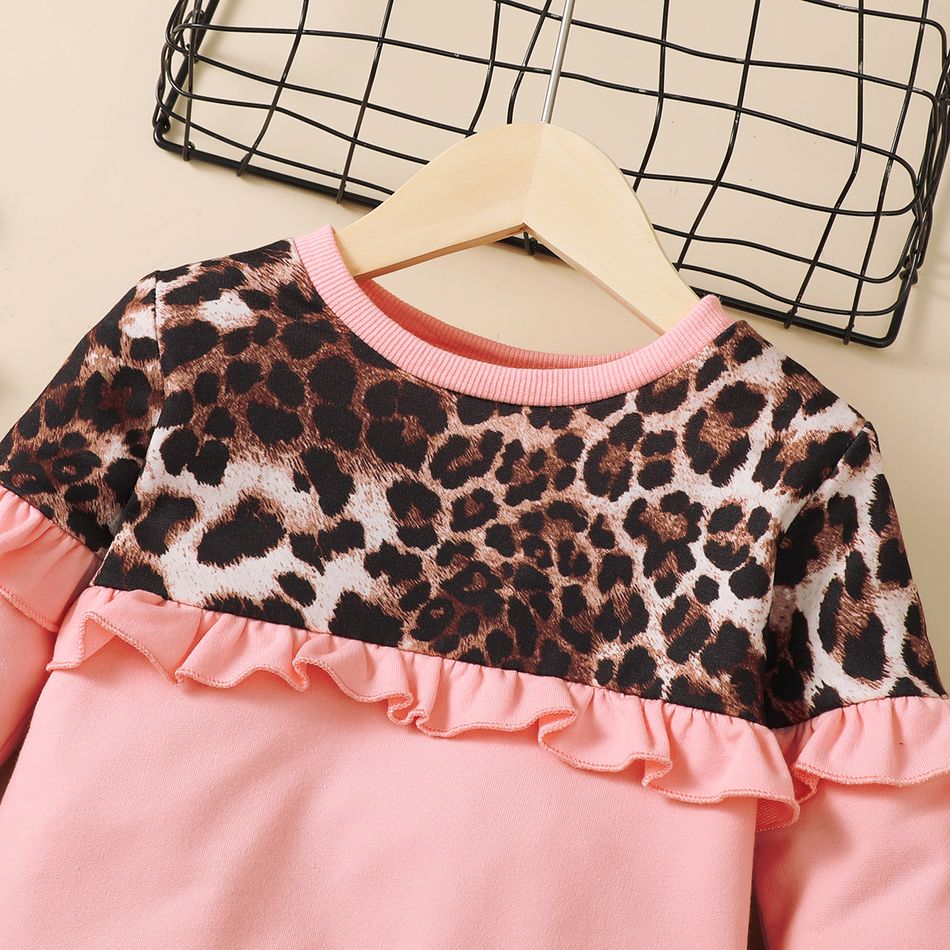 2pcs Toddler Girl Sweet Leopard Print Ruffled Pink Sweatshirt and Pants Set Pink big image 3