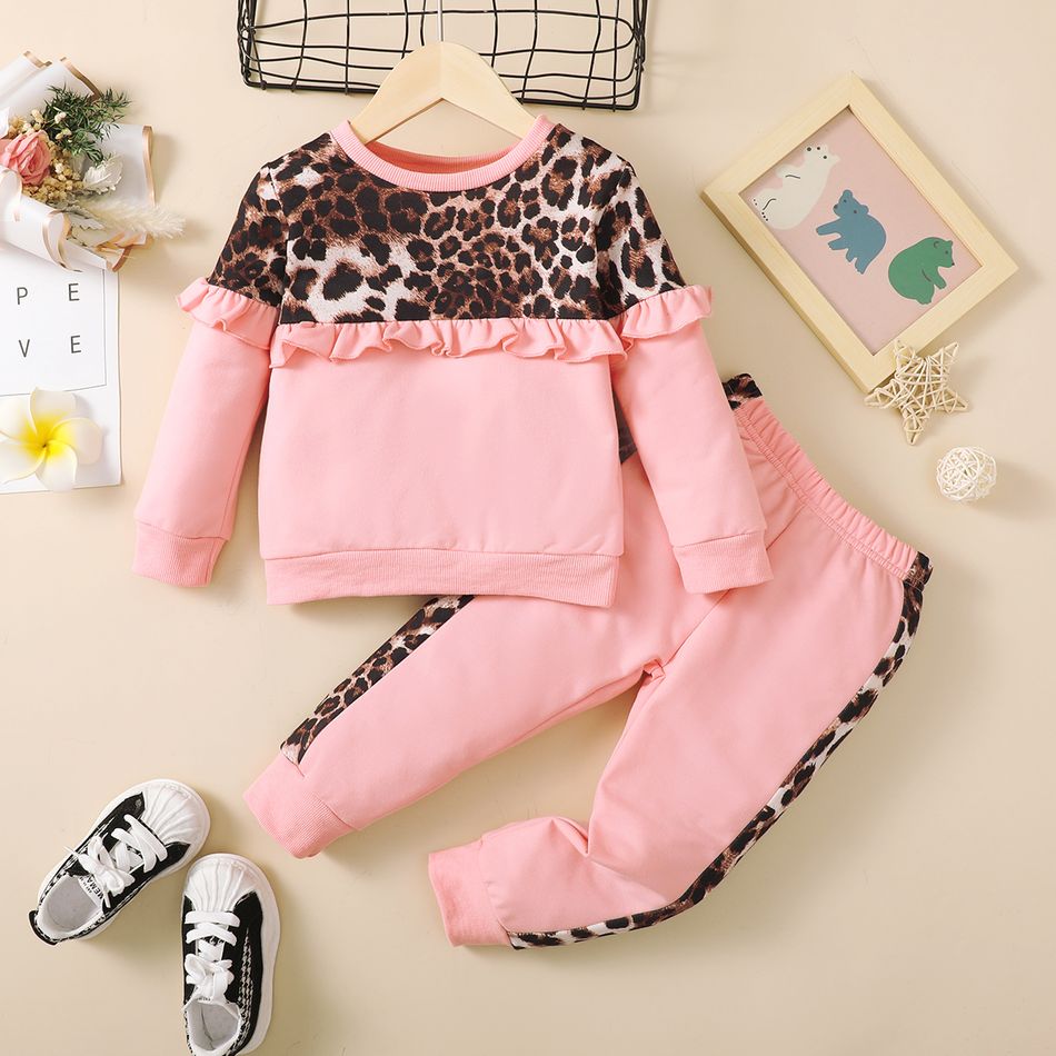 2pcs Toddler Girl Sweet Leopard Print Ruffled Pink Sweatshirt and Pants Set Pink big image 8