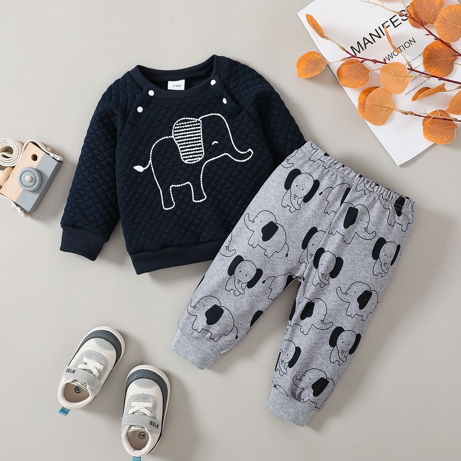 2pcs Baby Boy Elephant Graphic Long-sleeve Textured Top and Allover Print Pants Set Tibetanblue big image 3