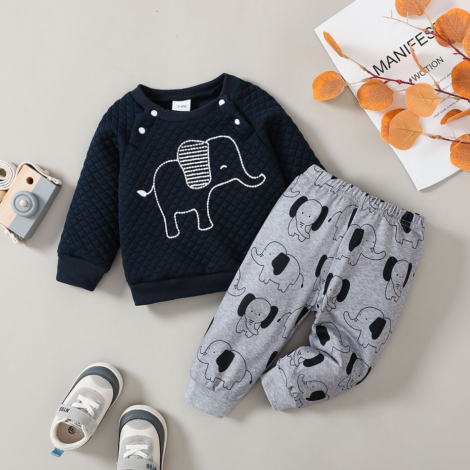 2pcs Baby Boy Elephant Graphic Long-sleeve Textured Top and Allover Print Pants Set Tibetanblue big image 1