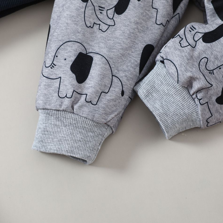2pcs Baby Boy Elephant Graphic Long-sleeve Textured Top and Allover Print Pants Set Tibetanblue big image 10