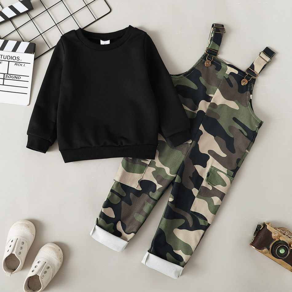 2pcs Toddler Boy Trendy Black Sweatshirt and Camouflage Print Corduroy Overalls Set Black big image 2