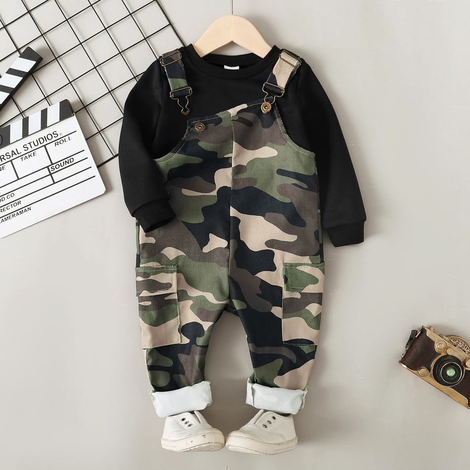 2pcs Toddler Boy Trendy Black Sweatshirt and Camouflage Print Corduroy Overalls Set Black big image 4