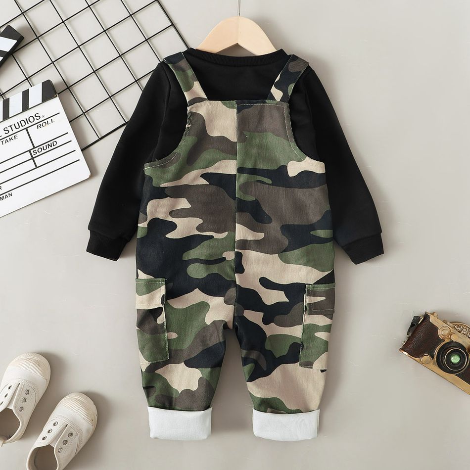 2pcs Toddler Boy Trendy Black Sweatshirt and Camouflage Print Corduroy Overalls Set Black big image 3