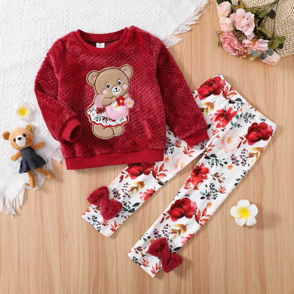 2pcs Toddler Girl Playful Bear Embroidered Fleece Sweatshirt and Floral Print Bows Decor Leggings Set Hot Pink big image 6
