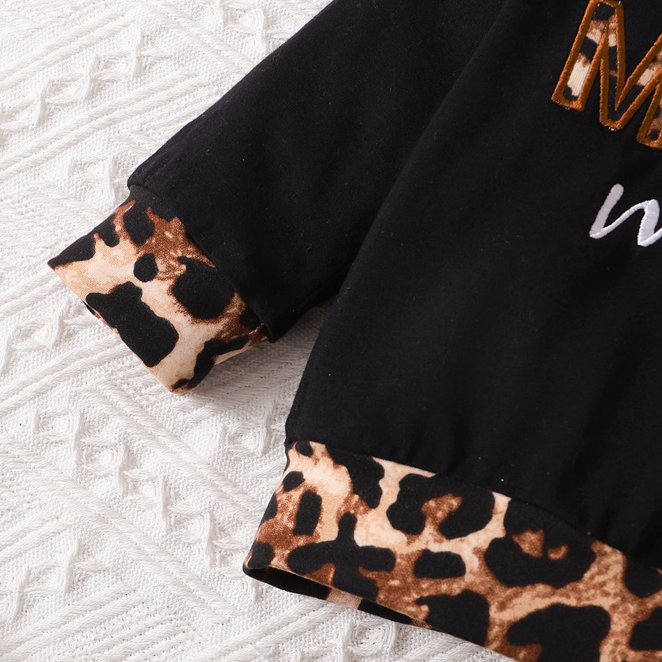 2pcs Baby Girl 95% Cotton Letter Embroidered Long-sleeve Hoodie and Leopard Pants Set Black big image 7
