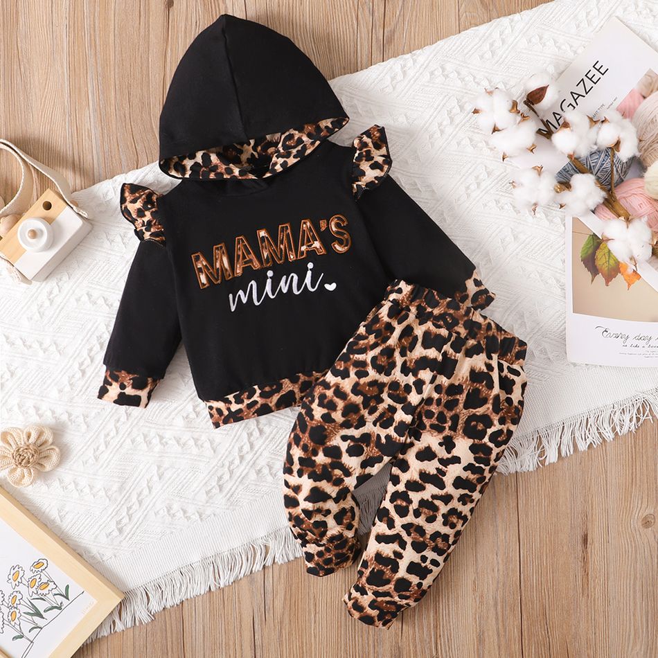 2pcs Baby Girl 95% Cotton Letter Embroidered Long-sleeve Hoodie and Leopard Pants Set Black big image 3