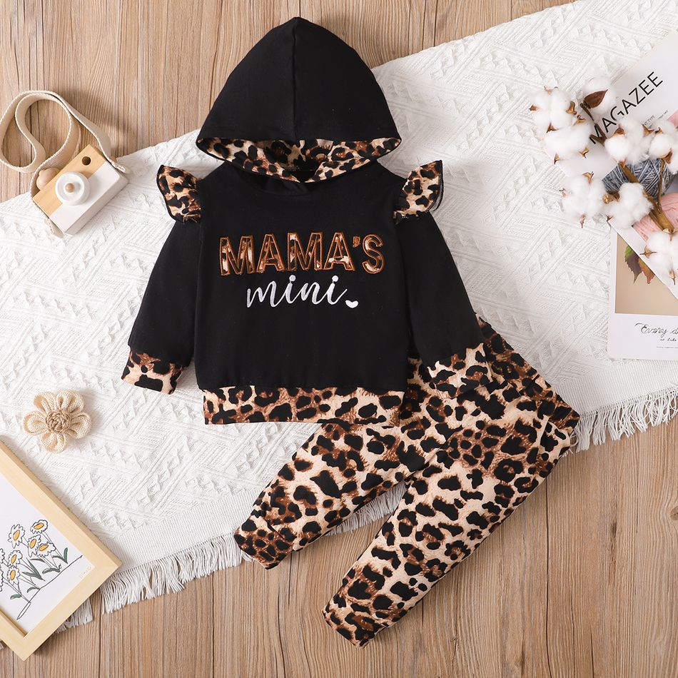 2pcs Baby Girl 95% Cotton Letter Embroidered Long-sleeve Hoodie and Leopard Pants Set Black big image 1