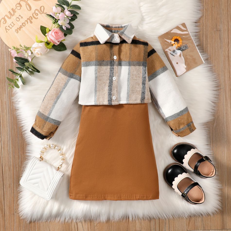 2pcs Toddler Girl Classic Cotton Cami Dress and Plaid Jacket Set Brown big image 2