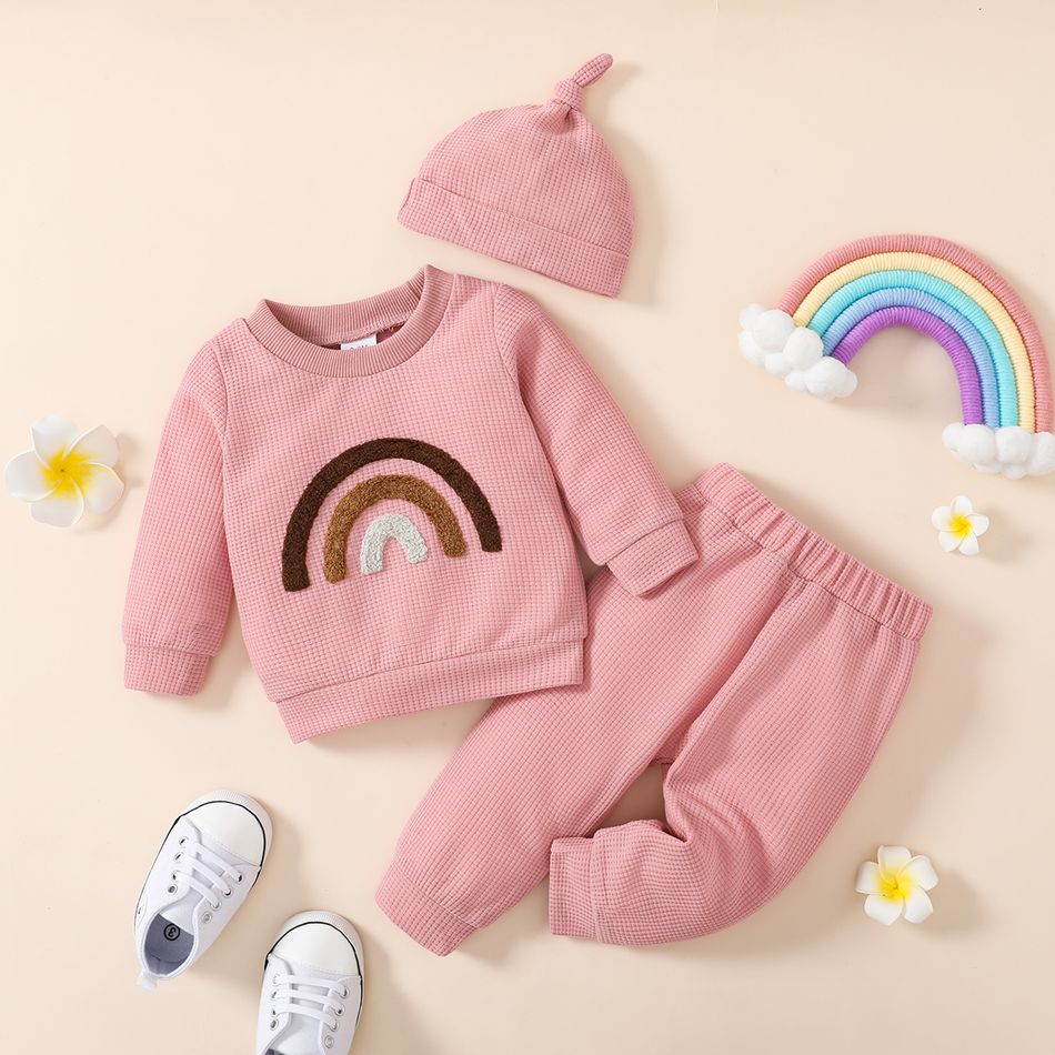 3pcs Baby Boy/Girl Rainbow Design Waffle Long-sleeve Sweatshirt and Pants with Hat Set Pink big image 2