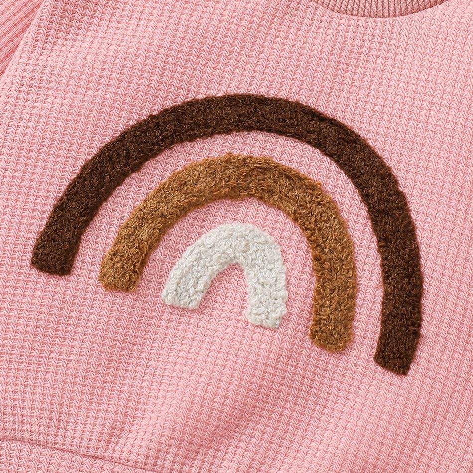 3pcs Baby Boy/Girl Rainbow Design Waffle Long-sleeve Sweatshirt and Pants with Hat Set Pink big image 4