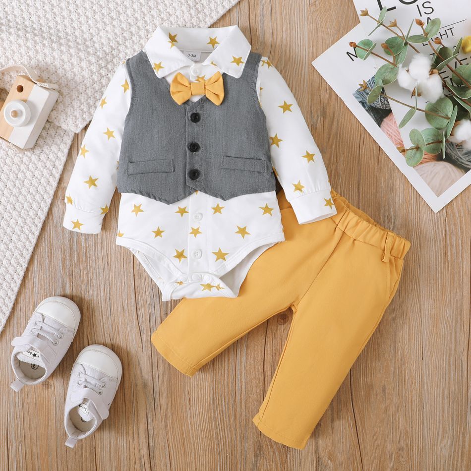 2pcs Baby Boy 100% Cotton Pants and Allover Star Print Long-sleeve Faux-two Waistcoat Romper Set YellowBrown