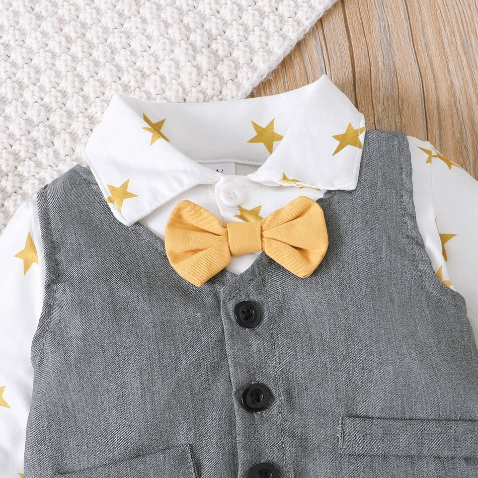 2pcs Baby Boy 100% Cotton Pants and Allover Star Print Long-sleeve Faux-two Waistcoat Romper Set YellowBrown big image 5