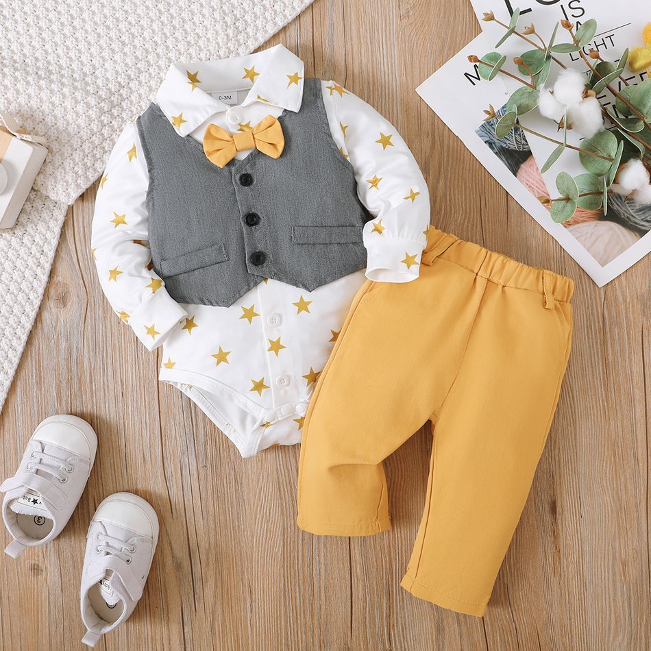 2pcs Baby Boy 100% Cotton Pants and Allover Star Print Long-sleeve Faux-two Waistcoat Romper Set YellowBrown big image 4