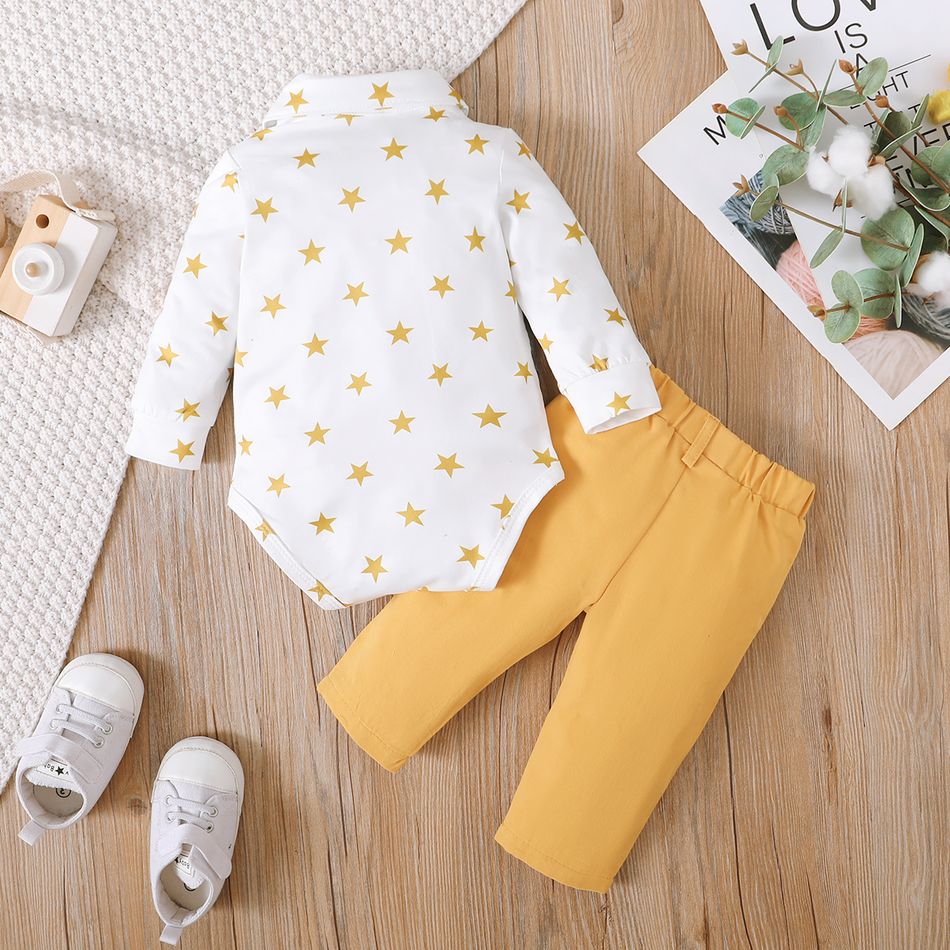2pcs Baby Boy 100% Cotton Pants and Allover Star Print Long-sleeve Faux-two Waistcoat Romper Set YellowBrown big image 2