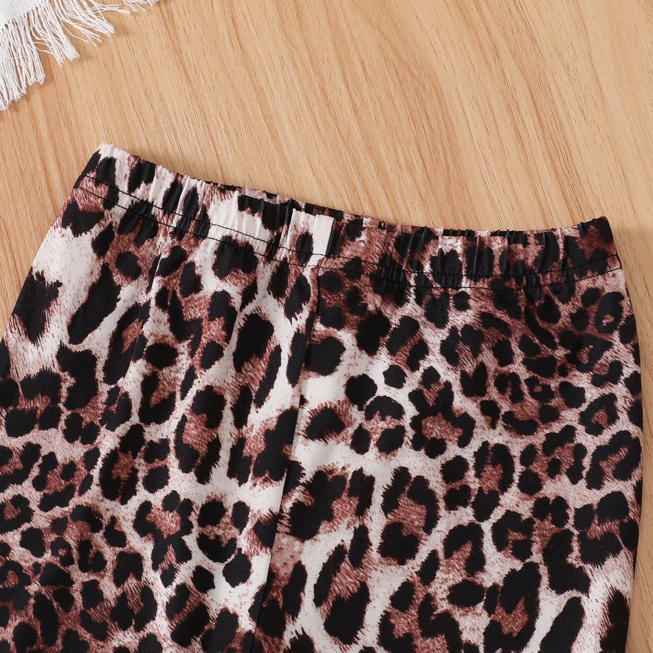 2pcs Toddler Girl Sweet Bell sleeves Cotton Tee and Leopard Print Flared Pants Set Burgundy big image 8