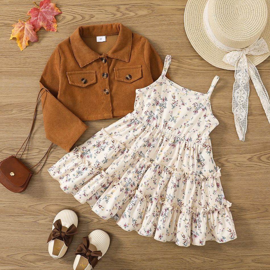 2pcs Toddler Girl Sweet Floral Print Cami Dress and Corduroy Jacket Set Brown big image 2