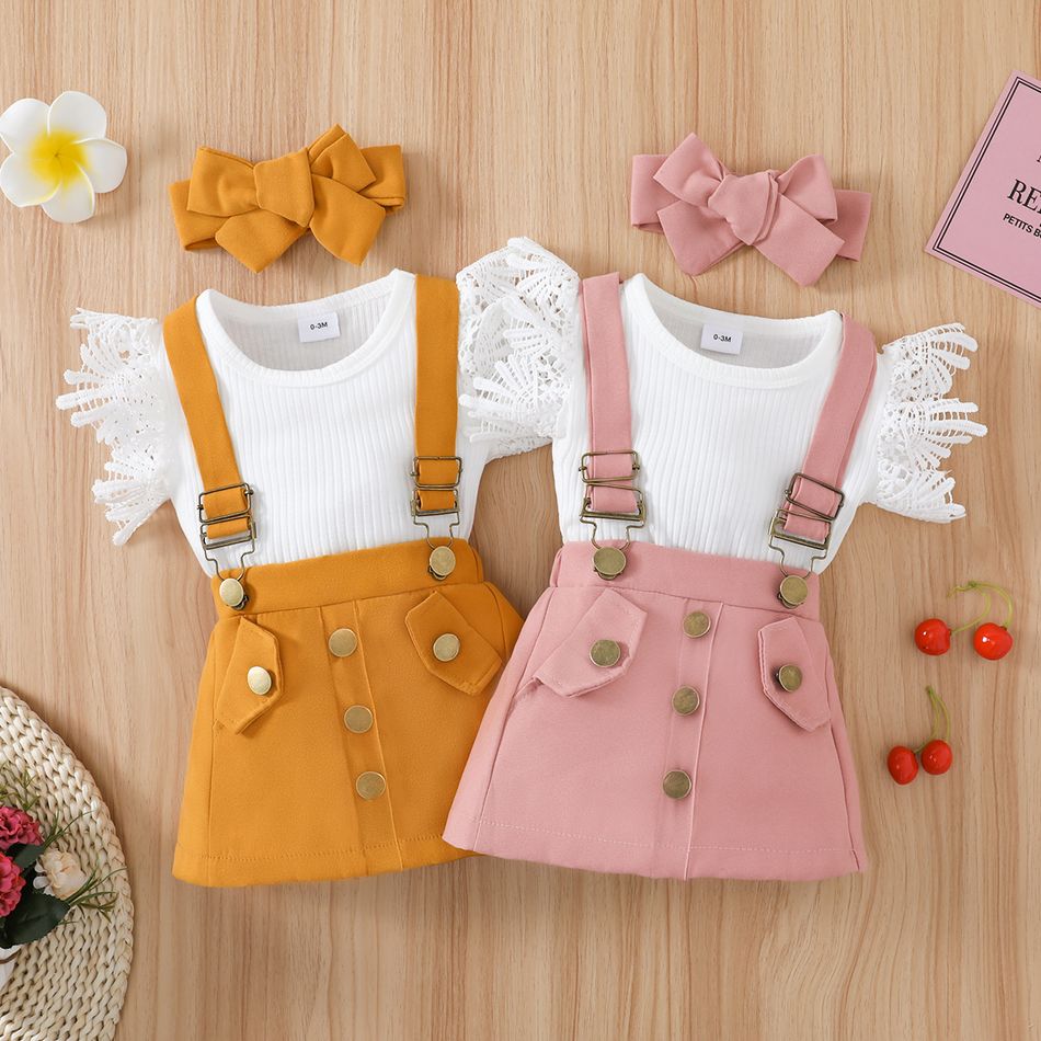 3pcs Baby Girl Lace Flutter-sleeve Ribbed Romper and Suspender Skirt with Headband Set Pink