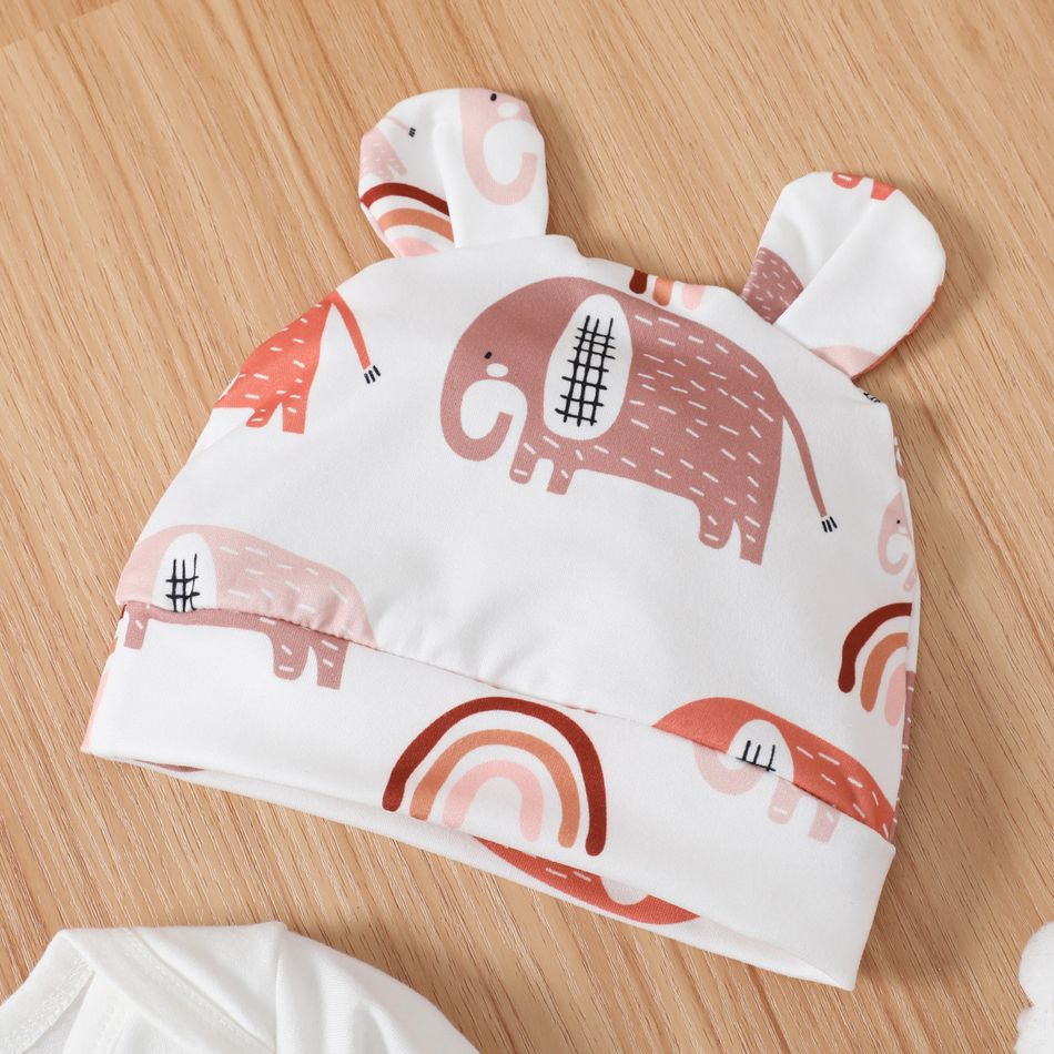 3pcs Baby Boy/Girl 95% Cotton Long-sleeve Graphic Romper and Allover Elephant Print Pants & Hat Set White big image 3