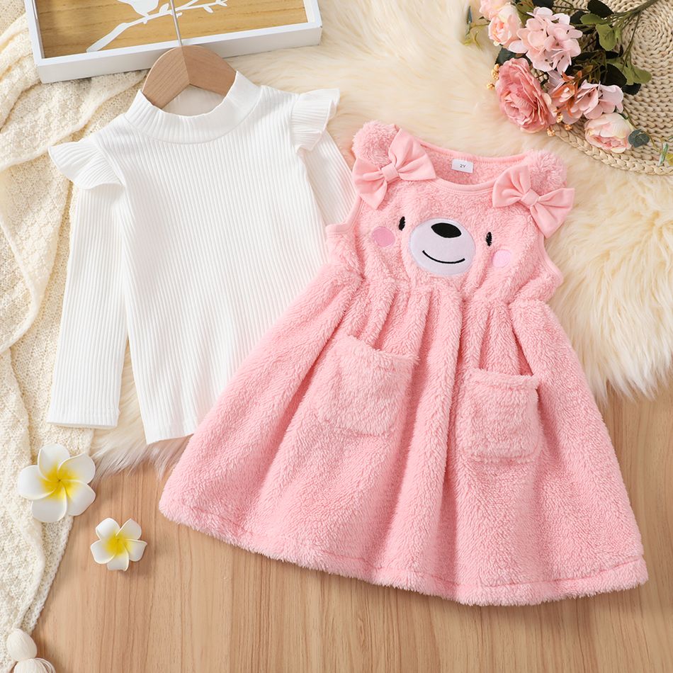 2pcs Toddler Girl Playful Mock Neck Tee and Bear Embroidered Fleece Overall Dress Set Pink