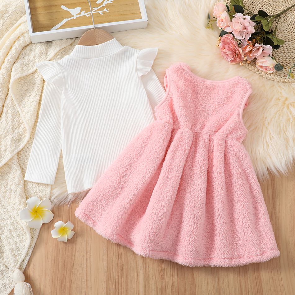 2pcs Toddler Girl Playful Mock Neck Tee and Bear Embroidered Fleece Overall Dress Set Pink big image 3